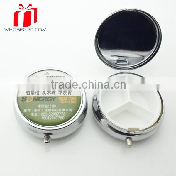 Wholesale Logo Printed 3 Case Round Metal Pill Box With Mirror