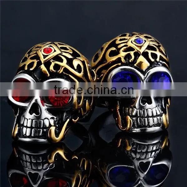 gothic engraved rhinestones surgical stainless steel skull ring for man