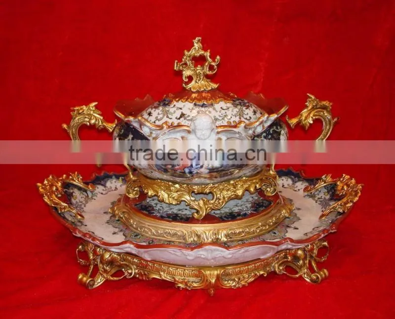 Luxury Royal Style Gilt Brass Soup Pot, Excellent Hand Painted Porcelain with Gold Plated Bronze Handle and Base Stockpot