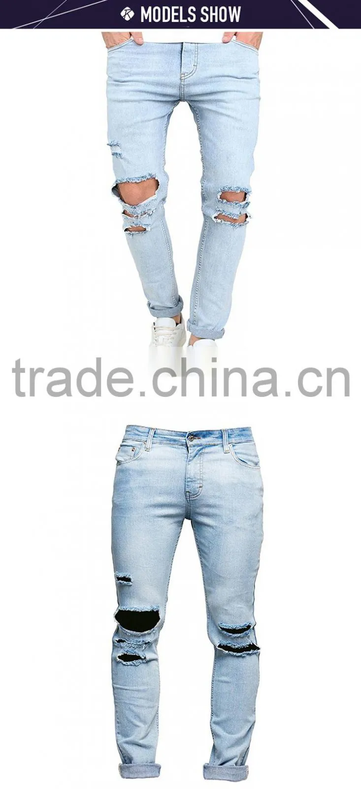 New fashion skinny washed hole jeans 2017 men damaged denim jeans pants