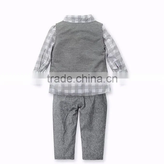 2016 Baby Boy Clothing sets Cotton Boy Suit With Vest And Grid Tops Grey Pants Infant Wear Kids Clothes Child Apparel