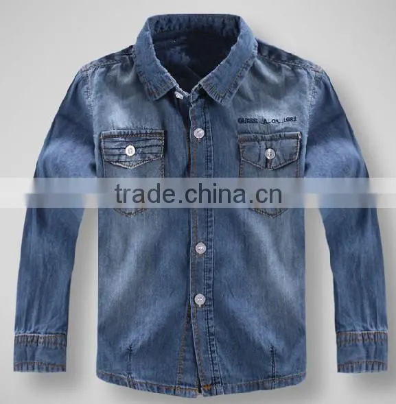latest design washed denim fabric double pockets embroidery boys shirt