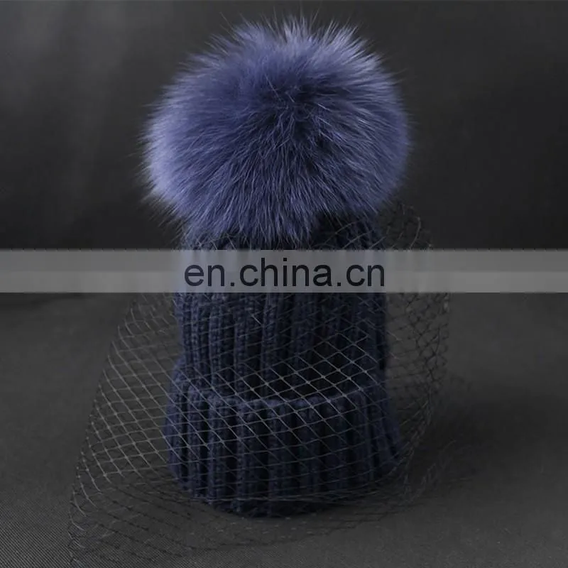 Winter fashion real big fox fur pom pom weaven hats with jacobs