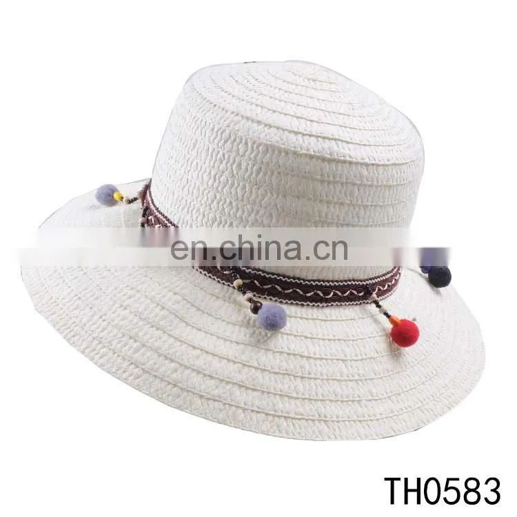 Wholesale cheap white plain paper straw bucket hats to decorate with pompom