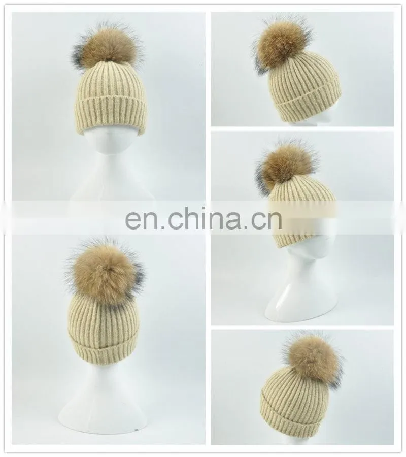 Kids Funny Hat With Big Genuine Raccoon Fur Ball Winter Knit Hat Baby Crochet