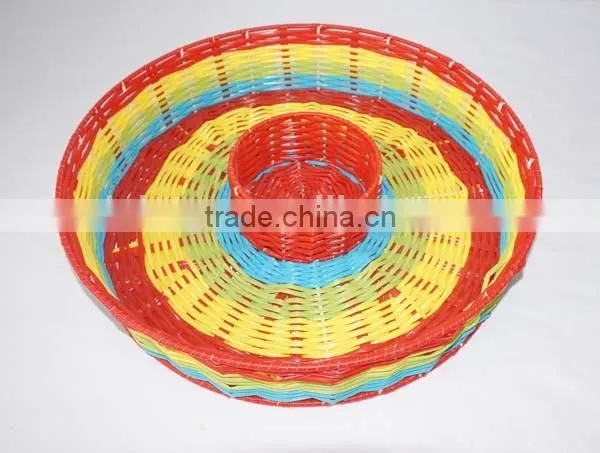 round colorful woven plastic bread trays