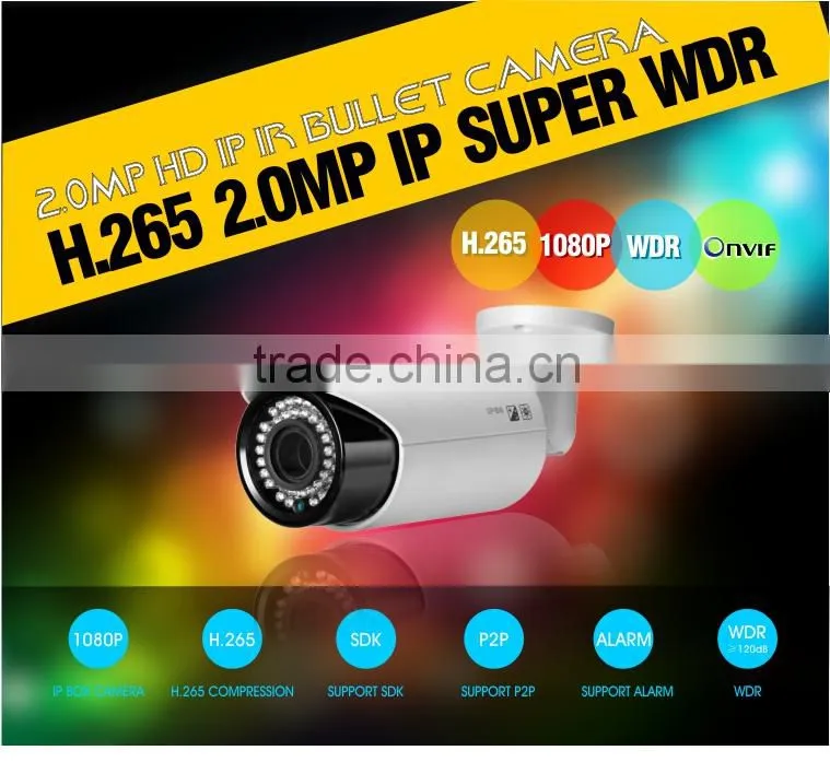 hot selling onvif ir bullet camera 2.0MP Super WDR p2p H.265 ip camera waterproof night vision 40m 1080p cctv camera