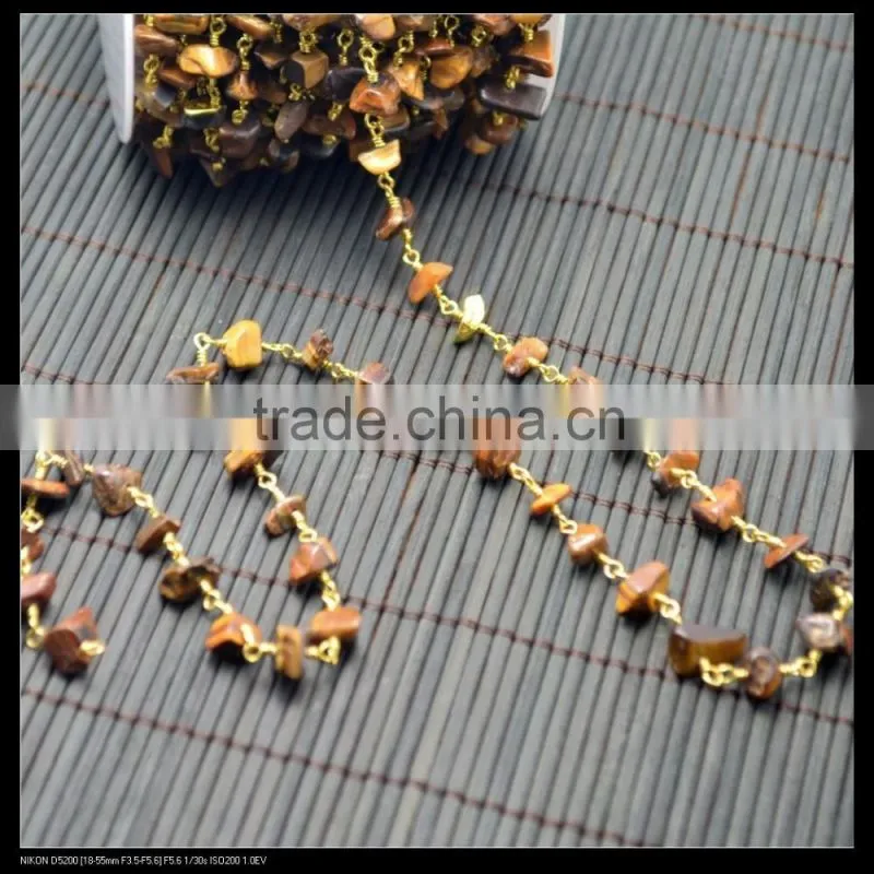 LFD-005C ~ Wholesale Gold Plated Wire Wrapped Freeform Tiger's Eye Chips Chain Gemstone Beaded Jewelry Finding
