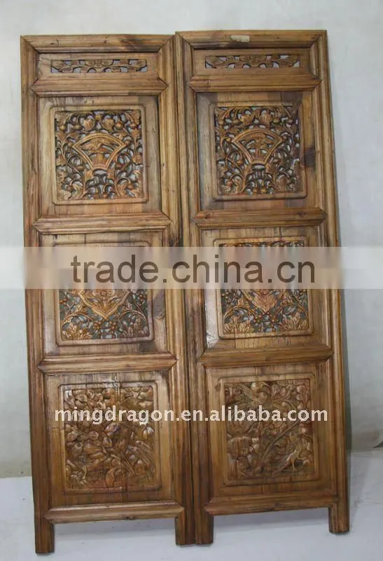 Antique Chinese Head Carved Wood Window Pane Blossom Panel Shutter