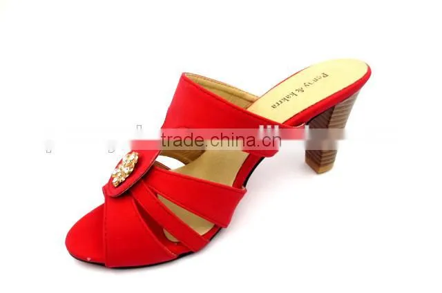latest high heel PU leather wood heel office lady slipper with golden button