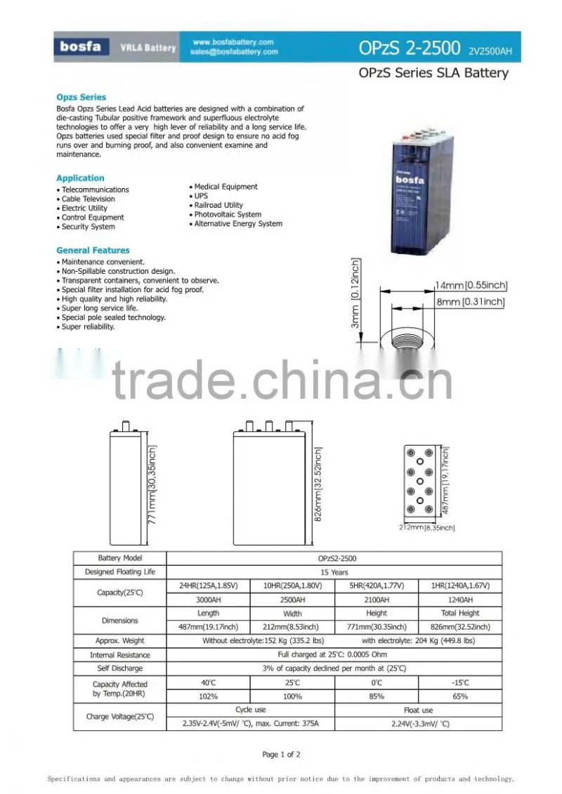 48 volt lead-acid battery 2v 2500ah for solar street light with battery backup