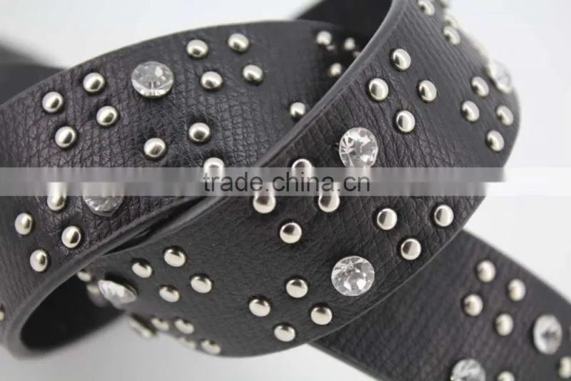 Women's classical metal and rhinestone studded 33Mm belt leather with shiny rhinestone buckle