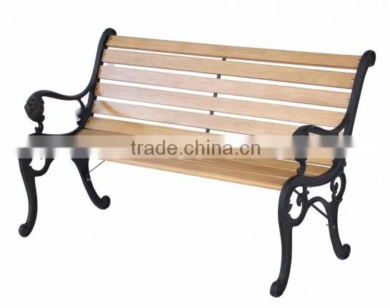 classic wooden garden bench with metal legs