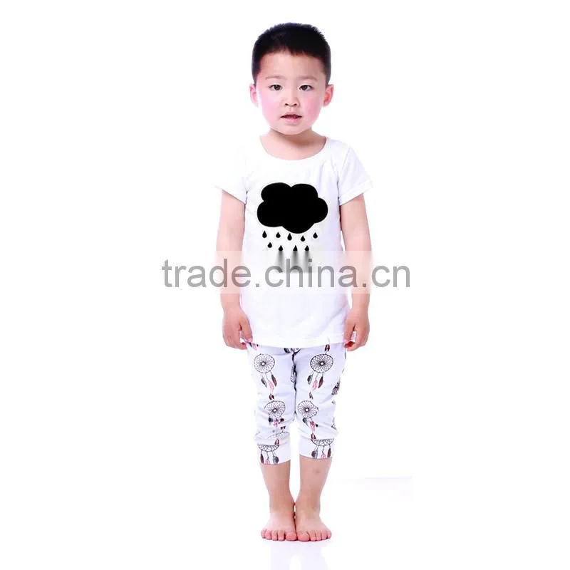 2016 kaiya solid cotton white printed short T-shirt and pant kids boys clothes