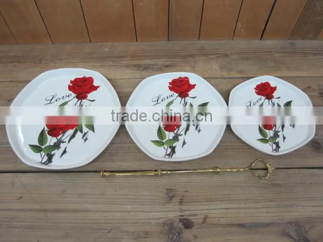 Ceramic Material Sunflower Decal Three Tiers Cake Plates with Metal Stand