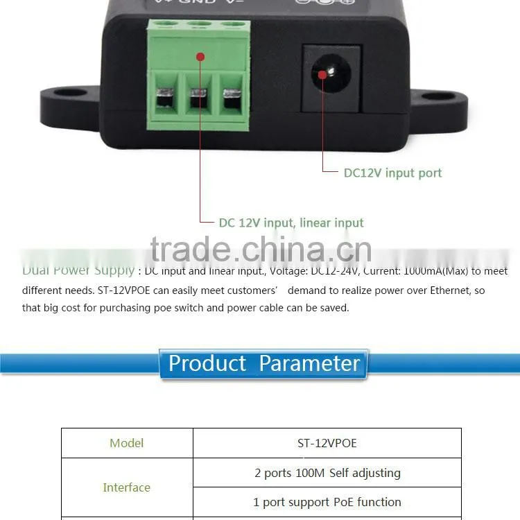 Factory Price 10/100M 2 Port 802.3af DC12-18v output POE injector