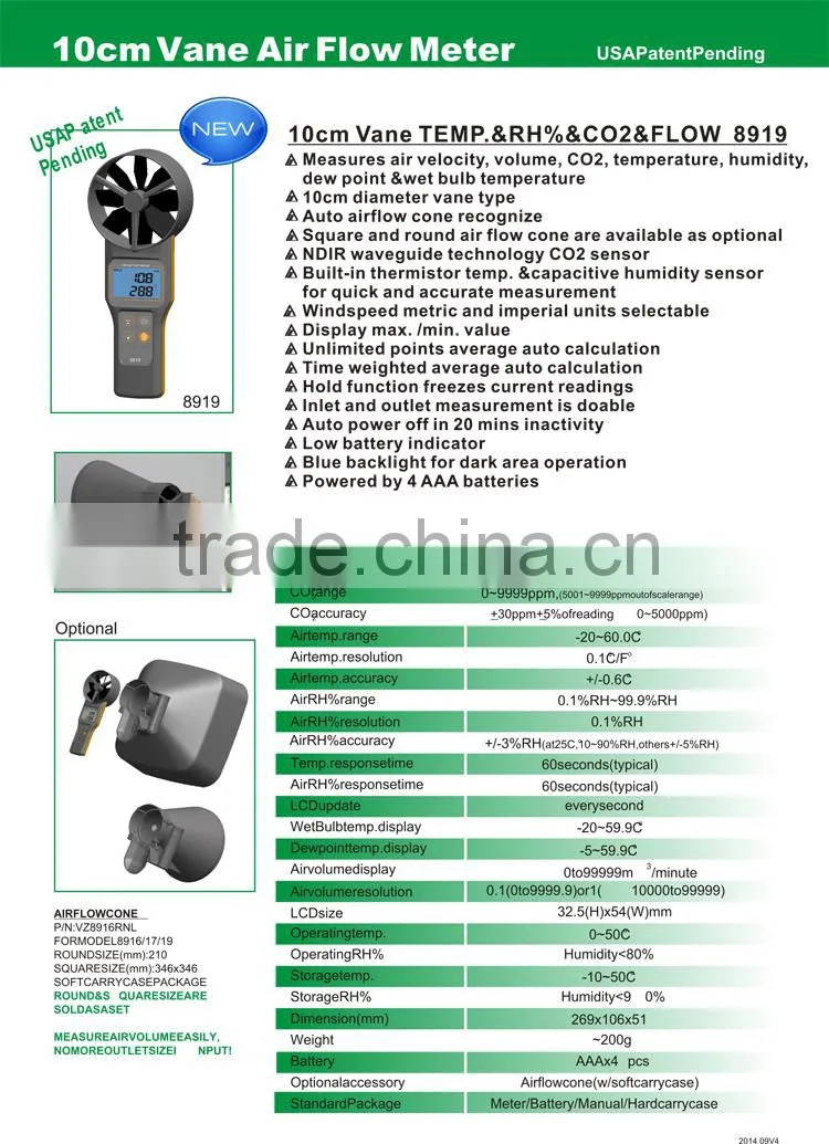 AZ8919 10cm Vane Precision Digital Anemometer Carbon Dioxide CO2 Detector Temperature Humidity Air Flow Measuring Meter