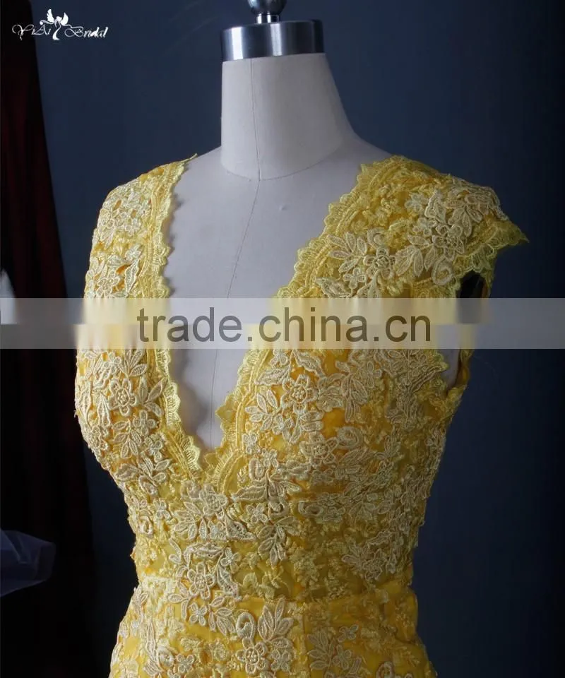 RSE676 Yellow Sexy See-Through Lace Back Open Evening Dress With Shawl