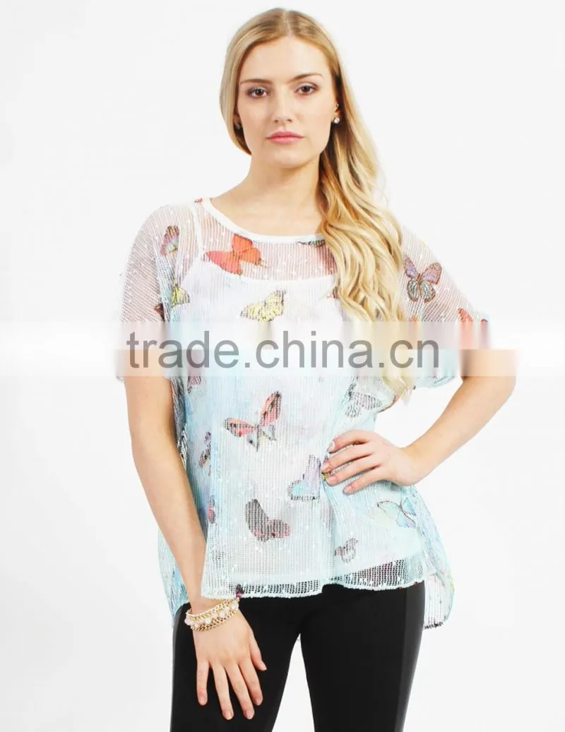 Bule butterfly print woman top,2016 new design top,lady blouse