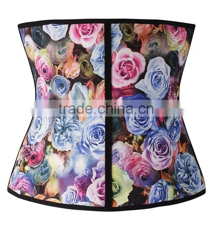 2015 New Fashionable Floral Printed Corset Flower Printed Waist Trainer with 100% Latex