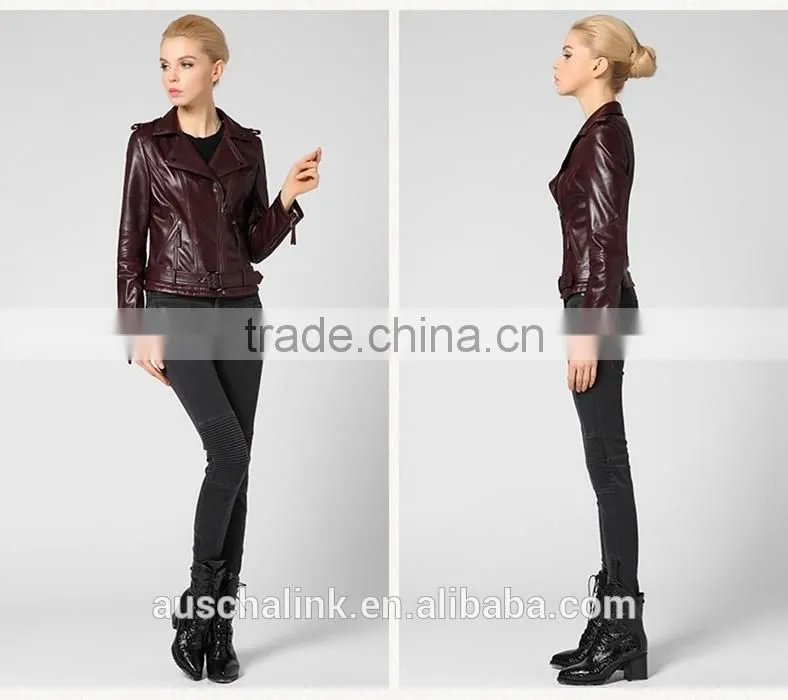 newest german style lady pure lambskin trendy red wine leather jacket