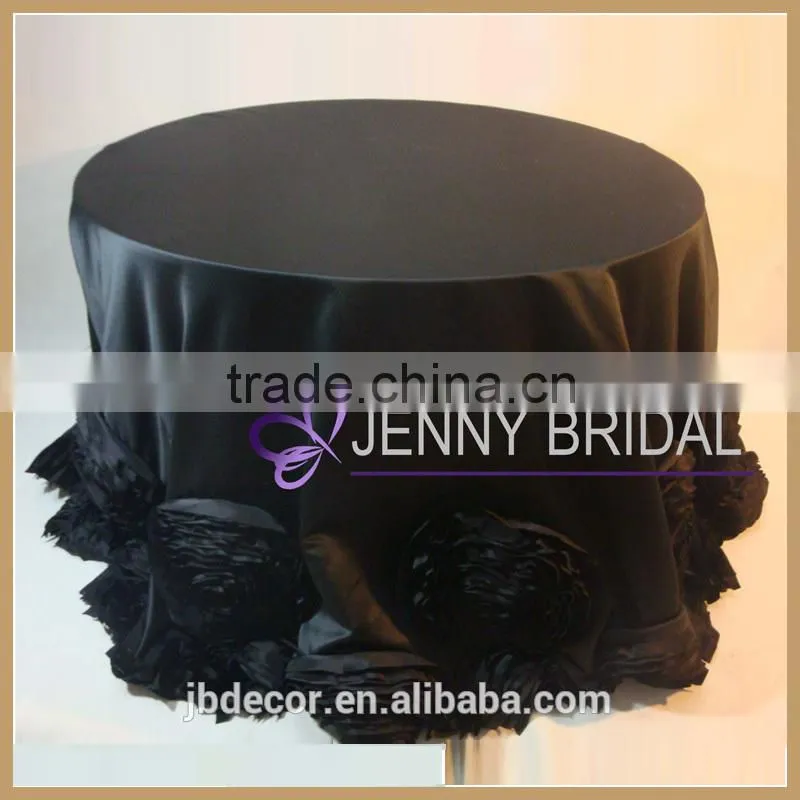 TC107G with flower black rosette satin 132" round table cloth