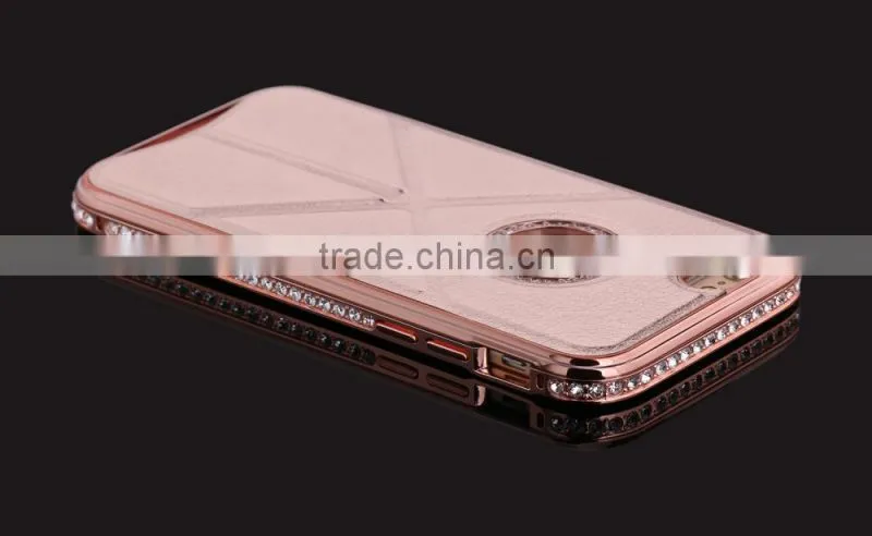 PU Leather and Diamond Metal Stands Function Phone Cases for iPhone 6