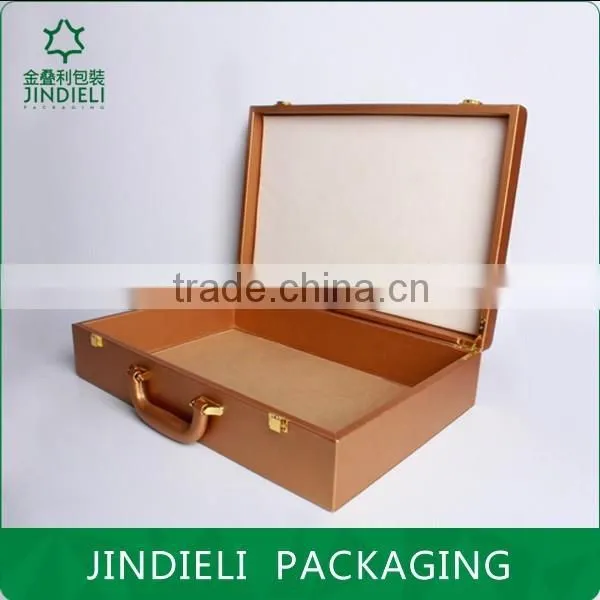 High-end brown wooden cosmetic box with leather handle