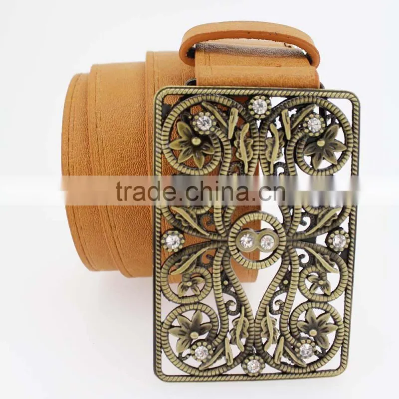 Hot sale Vintage Style women's fashion PU brand belt with shiny rhinestone square shape buckle
