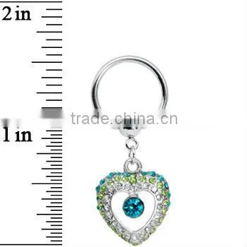 Aqua Gem Open Heart Dangle Captive Ring Body Jewelry BCR