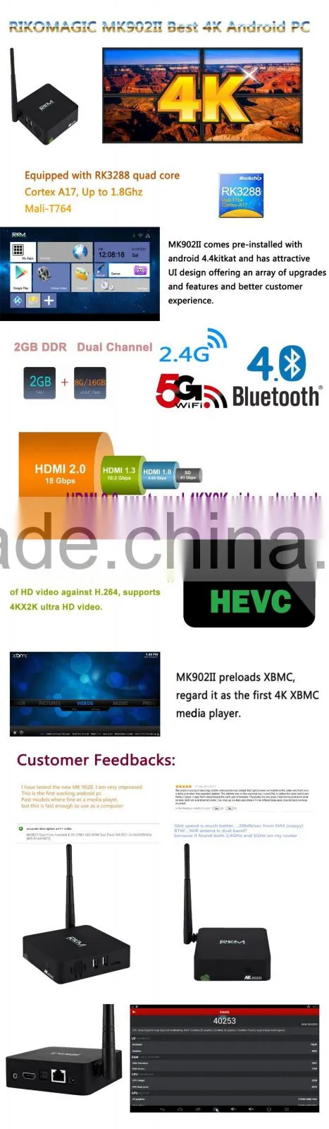 Hot Selling Rk3288 Android Mini Media Hub Mk902II with Dual Band WiFi, Gigabit LAN