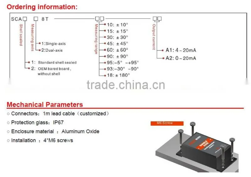 SCA118T Standard Single axis Current Type Inclinometer With 4-20mA Output , Max Tilt Angle +/-180deg , CE /FCC/ROHS Approval