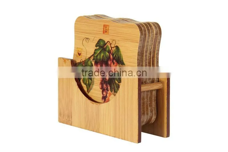 Chinese Fruit Pattern Square Glass Ceramic Cup Bamboo Coasters Mat Pads 6 Pcs