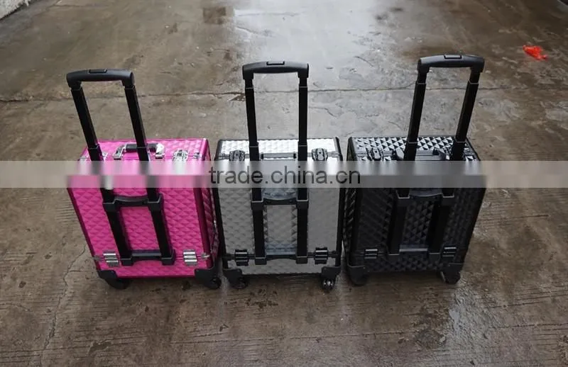 Professional Rolling Cosmetic Case w/ 8 Trays Black/Silver/Pink Diamond Aluminum(XY-877)