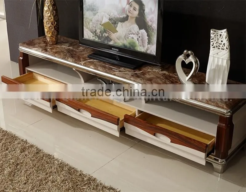 Fashion wooden led tv stand furniture with showcase marble top