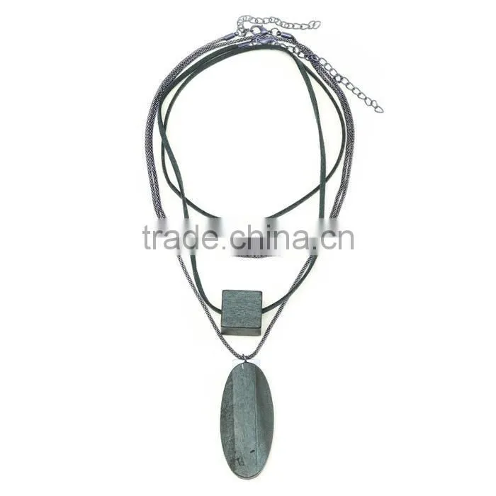 multi strand geometric wood bead pendant necklace long wooden beads sweater necklace layered suede leather chain necklace