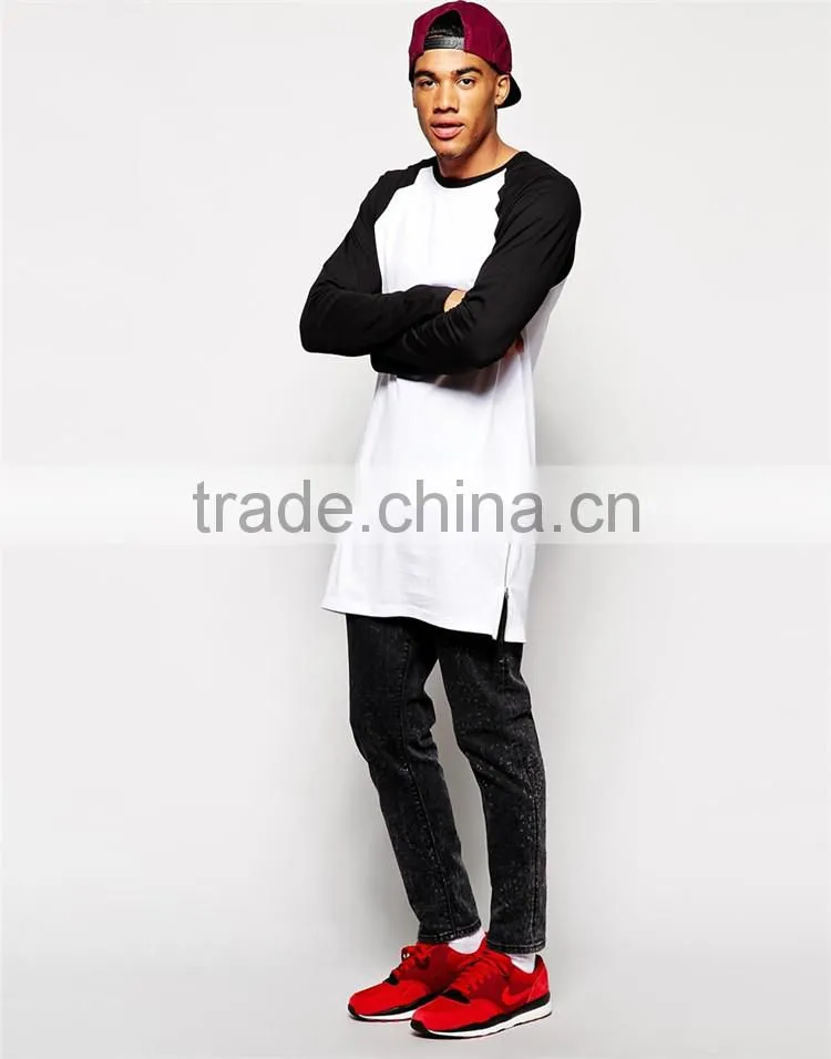 Mens Raglan T shirt Super Longline Sleeve Zipper T shirt