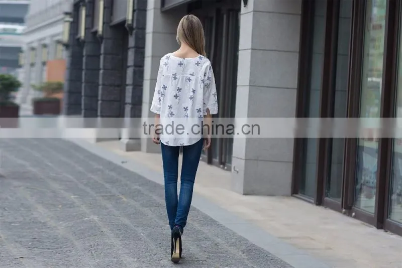 cotton linen ladies' loose fit casual blouse summer blouse fashion loose style blouse