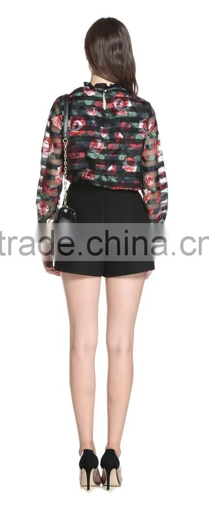 New female perspective stripe flower print loose long-sleeved shirt
