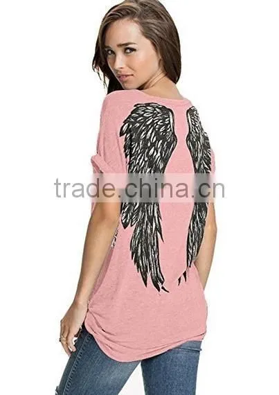 Women Fashion tshirt Short Sleeve Wings Print Loose custom print tshirt