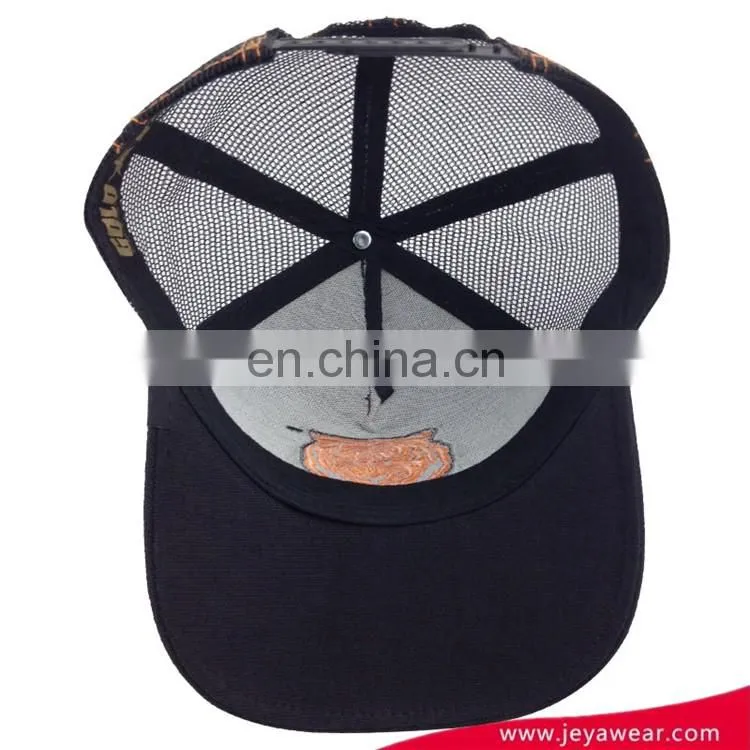 Dongguan factory high profile trucker hat 5 panel black 100%cotton baseball cap with lion embroidery