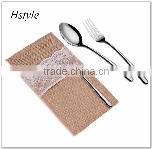 Hessian Burlap Lace Bags Wedding Cutlery Holder Pouch Table Decoration SPT128