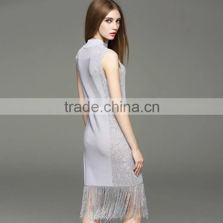 2017 hot new women hollow knit dress sleeveless slim hip long dress with tassel