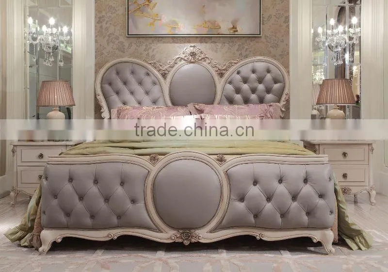 Elegant french rococo style bedroom furniture set wood king size bed with full leather