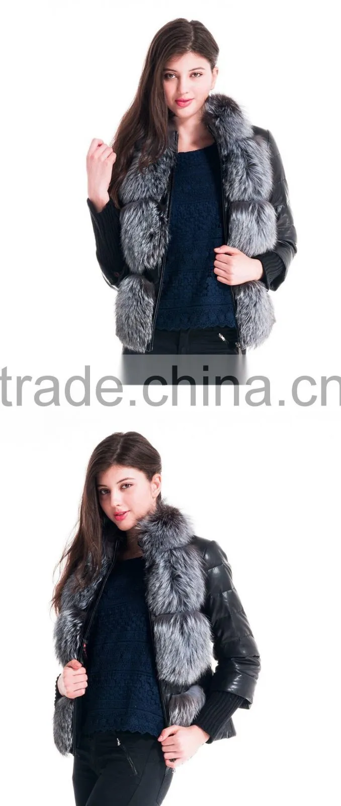 2015 Winter Fashion Leather Short Women Jacket With Silver Fox Collar Detachable Cuffs Overcoat