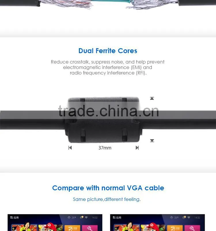 Gold Plated HD 15 M/M 3+4 VGA Monitor Cable with Ferrites 6 Feet, 100% Bare Copper