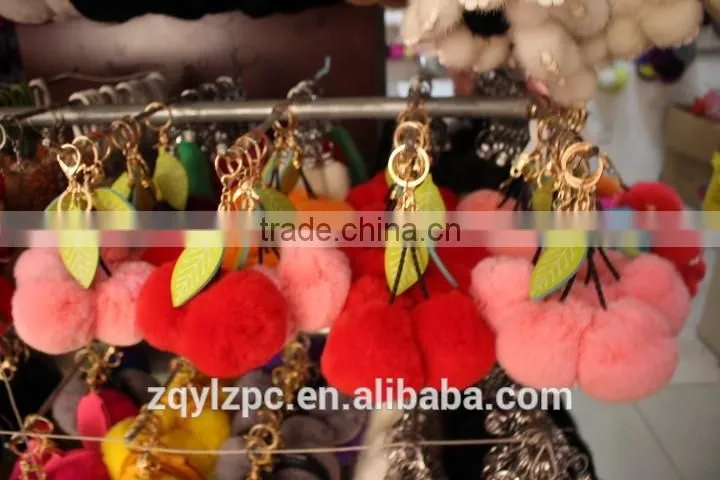 ball shape rex rabbit fur keyring/ real rex fur ball key chain with pompoms for bags