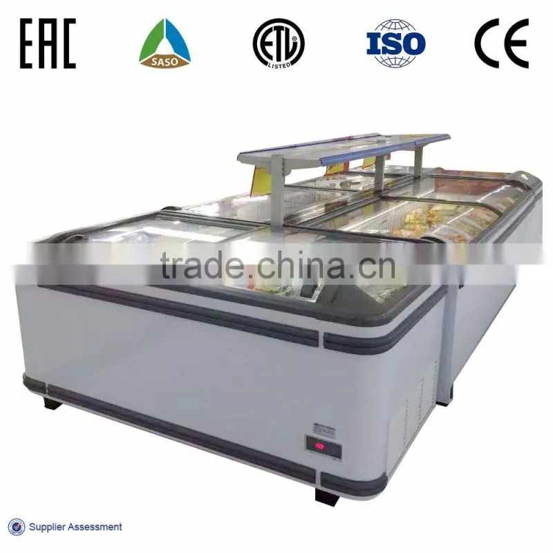 supermarket show case refrigerator chilled commercial refrigerator curved glass door island freezer