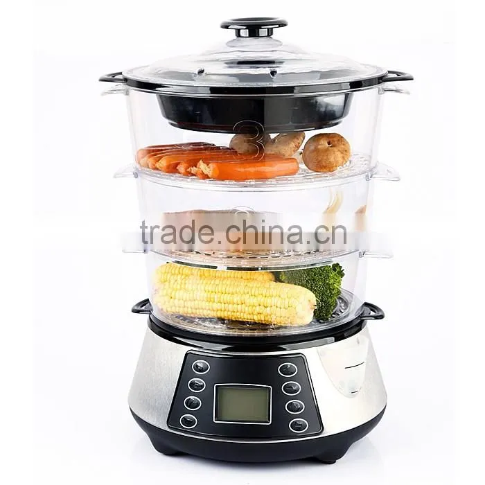 XJ-7k118 3 layer 7 programmes LCD display ,external water filter 800w 11.5L stackable optima steamer