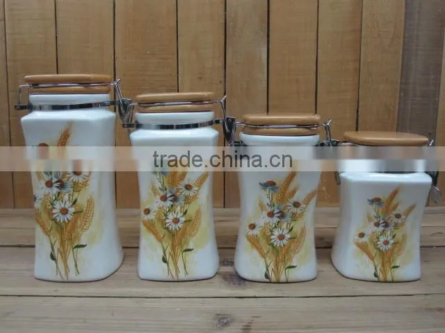 European unigue white ceramic canister sets with wooden stand